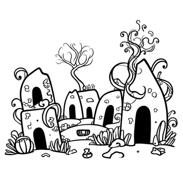 The remnants of crumbling stone structures scattered across the landscape, with intricate carvings partially obscured by creeping alien vines. Towering, unusual plants with swirling forms rise from the ground, their tendrils curling around the stones and creating a tangled web of foliage. The ground is littered with fragments of pottery and tools, hinting at the civilization that once thrived there. In the distance, a twisted tree with a gnarled trunk stands out, with its branches stretching in curious shapes towards the sky. Wisps of mist weave through the ruins, adding an air of mystery to the scene.