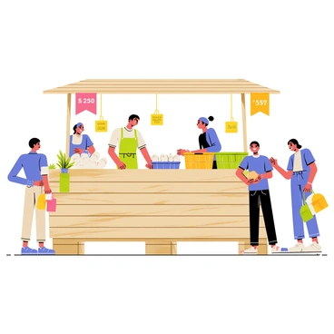 A busy market stall filled with various fresh poultry products, including plump chickens, neatly arranged eggs, and colorful crates of herbs. The stall is made of wooden pallets, creating an inviting display. Two smiling vendors, one wearing a green apron and the other in a blue shirt, stand behind the stall, engaged in conversation with customers. Brightly colored banners hang above the stall, displaying prices and special offers. Surrounding the stall are shoppers, some examining the products while others hold bags filled with their purchases.