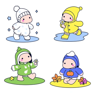 A group of Pikmin, each dressed in unique seasonal outfits. One Pikmin is wearing a fluffy white snow jacket with a matching beanie, surrounded by small snowflakes. Another Pikmin is sporting a bright yellow raincoat, complete with a hood and rubber boots, standing in a puddle with raindrops falling around. A third Pikmin is adorned in a vibrant green outfit with leaf patterns, holding a small flower as a gentle breeze sways its petals. Lastly, a Pikmin is dressed in a cozy sweater with a pumpkin motif, sitting beside a small pile of colorful autumn leaves. Each Pikmin is positioned on a grassy patch that reflects its respective season.