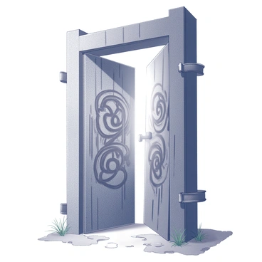 A grand, ancient door stands tall, constructed from weathered wood and reinforced with metal bands. The surface of the door is adorned with intricate, mysterious runes that spiral and intertwine, adding an aura of enigma. The door is slightly ajar, creating a narrow gap that reveals a faint glow emanating from within, casting soft shadows in the surrounding area. The edges of the door show signs of wear, with splintered wood and rusted hinges, suggesting its long history. The ground in front of the door is uneven, covered in patches of grass and small stones, further emphasizing the age of the entrance.