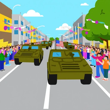 A parade of various military vehicles including tanks, armored personnel carriers, and jeeps is rolling down a wide city street. The vehicles are painted in camouflage patterns and display flags waving in the wind. On either side of the street, large crowds of cheering spectators are gathered, some holding banners and others waving small flags. The spectators display expressions of excitement and pride as they watch the procession. Colorful balloons and streamers are hanging from nearby buildings, adding to the festive atmosphere of the event. The sky above is clear and sunny, enhancing the vibrant scene.