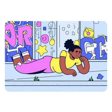 A person is performing push-ups on a concrete urban street. The individual has a focused expression and is positioned with their arms extended, pushing their body upwards. Surrounding them are graffiti-covered walls displaying vibrant and colorful artwork, including abstract shapes and bold lettering. The sidewalk has a rough texture, and there are scattered patches of greenery peeking through the urban setting.