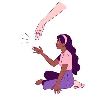 A hand with light skin tone is extending outwards towards a person with dark skin tone who is sitting on the ground, looking up in surprise. The hand is positioned just above the person's outstretched hand, creating a moment of connection. The background has soft, muted colors that do not distract from the interaction. The person's expression shows a mix of gratitude and vulnerability. Light filters through the scene, highlighting the hand reaching out, emphasizing the gesture of compassion and support.