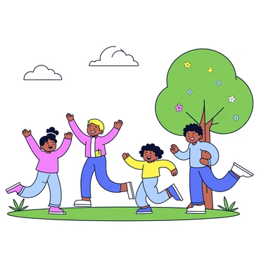 A group of four children is playing in a park. Two of the children are running towards each other, their faces lit up with laughter. One child is jumping in the air, arms raised high, while another is crouching down, ready to spring up. The grass beneath them is bright green, and there are colorful flowers scattered around. In the background, there is a large, leafy tree providing shade, and the sky is clear with a few fluffy white clouds.