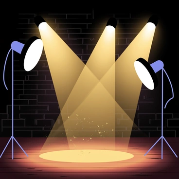 A set of vintage film studio lights with adjustable arms positioned at various angles. The lights are shining brightly, creating long, dramatic shadows that stretch across the floor and walls of a dark room. The room has exposed brick walls and a wooden floor, enhancing the atmosphere. The warm glow from the lights highlights dust particles in the air, adding to the mood.