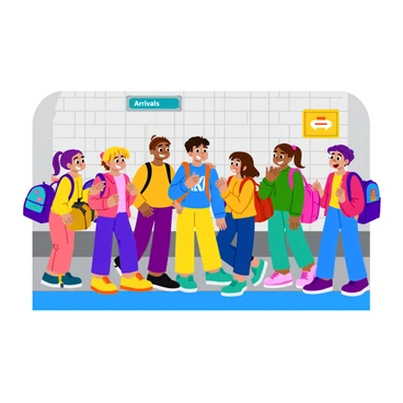 A group of excited school children standing on a subway platform. Each child has a brightly colored matching backpack, featuring playful designs like cartoon characters and colorful patterns. The children are diverse in appearance, displaying various hair colors and styles, as well as different heights. They are all smiling and laughing, looking at each other. The subway platform has tiled walls and a sign indicating train arrivals, with a vibrant atmosphere reflecting their excitement.