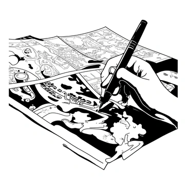 A close-up of a hand holding a Faber-Castell pen, meticulously adding final ink details to a black and white comic panel. The ink flows smoothly from the pen's nib onto the paper, creating precise lines and intricate patterns. The background is filled with partially completed comic art, showcasing various characters and scenes waiting for color. The artist's fingers are stained with ink, highlighting their dedication and attention to detail in the creative process.