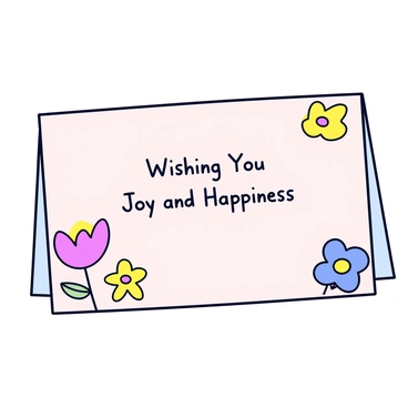 A rectangular greeting card with a light pastel background. The card features hand-drawn flowers in various colors, including pink, yellow, and blue, scattered across the corners. In the center of the card is a warm message that reads, "Wishing You Joy and Happiness" in a playful handwritten font. The flowers have simple outlines and soft details, creating a friendly and inviting look.