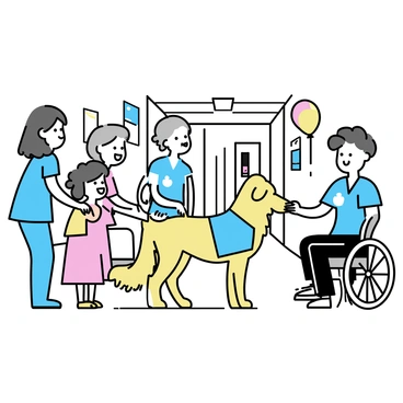 A therapy dog, a golden retriever with a shiny coat, stands in a hospital corridor. The dog is wearing a blue vest that identifies it as a therapy animal. Several patients, including an elderly woman in a hospital gown and a young boy in a wheelchair, are smiling while reaching out to pet the dog. A nurse in scrubs is kneeling beside the dog, gently patting its head, while another staff member stands nearby, smiling at the heartwarming interaction. There are colorful balloons and artwork on the walls of the corridor, contributing to a cheerful atmosphere.