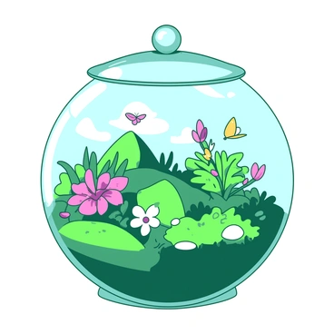 A glass terrarium filled with lush greenery and miniature "blooms" thriving inside. The terrarium has a round shape, with a clear glass lid partially lifted to reveal the vibrant plants. Inside, there are small "blooms" in a variety of colors, surrounded by rich green moss and delicate pebbles forming a natural landscape. Sunlight filters through the glass, casting soft shadows and highlighting the textures of the plants. A few tiny butterflies can be seen fluttering around, adding life to the serene environment.