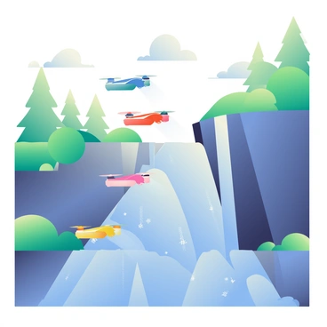 A group of colorful drones is ascending a race course that features a towering waterfall. The drones, each painted in vibrant hues of blue, red, and yellow, are flying in a staggered formation as they approach the waterfall. The water cascades down the rocky cliff in shimmering streams, creating mist that catches the sunlight. Surrounding the waterfall, lush greenery and tall trees create a vibrant backdrop. The sky is clear with a few fluffy clouds, and the sunlight reflects off the water, adding a sparkling effect to the scene. The drones have sleek designs and are equipped with noticeable propellers and lights.