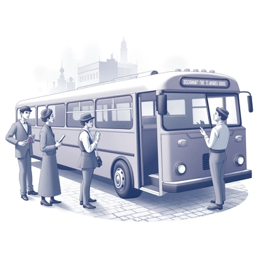 A vintage bus parked on a cobblestone street, surrounded by historical buildings. The bus has large windows, and the door is open, inviting passengers to board. A guide stands at the entrance, wearing period-appropriate attire, holding a clipboard and speaking animatedly. Several guests are gathered around the bus, showing expressions of curiosity and enthusiasm as they listen intently. Some are taking notes, while others are pointing at nearby landmarks. The scene captures a lively atmosphere of learning and exploration.