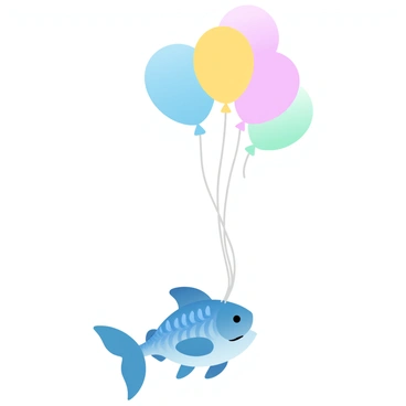 A fish with vibrant scales is tied to a string of colorful balloons that are floating upwards. The balloons come in various shades of pink, blue, yellow, and green, creating a bright contrast against the background. The fish appears to be gently swaying with the movement of the balloons, and its fins are slightly spread as it ascends. The scene captures a sense of whimsy and lightness as the arrangement of balloons and the fish rise together into the sky.