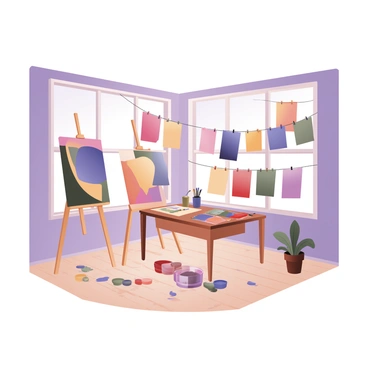 An artist's studio with colorful artistic prints hanging to dry