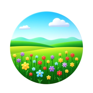 A vast meadow filled with a variety of "blooming wildflowers" in multiple colors such as yellow, purple, red, and blue. The sky is clear with a few fluffy white clouds, providing a bright backdrop. In the foreground, a gentle breeze sways the "wildflowers" slightly, creating dynamic movement throughout the scene. The meadow extends into the distance, merging with a horizon lined by distant green hills.