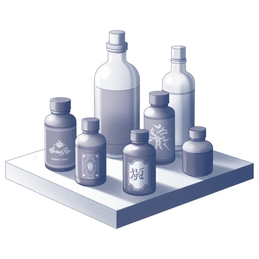 A collection of ink bottles arranged on a wooden table. The bottles have various shapes and sizes, each featuring intricate designs on their labels. Some bottles have stoppers, while others are open, revealing their contents. The wooden table has a textured surface, showcasing the natural grain and knots. Light creates reflections on the glass surfaces of the bottles, highlighting their unique forms and details.