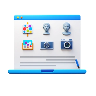 A digital marketplace page with illustrated icons representing various art categories. Each icon features a distinct design, showcasing elements from painting, sculpture, photography, and digital art. The painting icon displays an artist's palette with vibrant colors. The sculpture icon depicts a classical bust. The photography icon illustrates a vintage camera. The digital art icon presents a stylized graphic tablet with a stylus. All icons are arranged neatly on the page, highlighting their unique artistic styles. The background of the page is a light color to enhance the visibility of the icons.