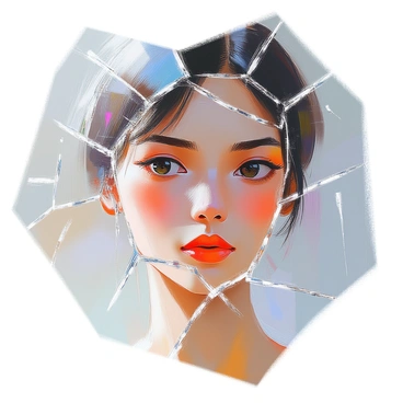 A close-up view of a face partially reflected in shattered glass. Each shard of glass captures a distinct fragment of the face, creating a mosaic effect. The face has medium skin tone with dark hair, and the expression is a mix of contemplation and intrigue. The shards are arranged in an overlapping pattern, enhancing the sense of fragmentation. Light reflects off the edges of the glass, adding depth and dimension to the scene. The background is softly blurred, allowing the focus to remain on the fascinating interplay between the reflection and the shattered pieces.