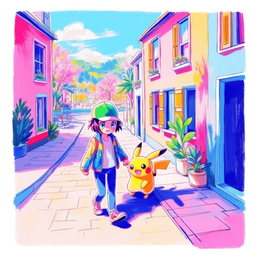 A trainer with short dark hair and a green cap is walking through their hometown, which features cobblestone streets and quaint houses with colorful shutters. Beside them, a small, playful Pikachu with bright yellow fur and large ears happily trots alongside. The trainer is wearing a blue jacket and jeans. The sun is shining brightly, casting soft shadows on the ground. In the background, a familiar park with swings and trees can be seen, evoking nostalgia as they stroll together, sharing a joyful moment.