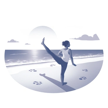 A person practicing yoga poses on a beach. The figure is positioned in a classic yoga stance, with one leg bent and the other extended. The sand is smooth and reflects outlines of footprints leading to the water. The ocean waves gently lap against the shore. In the background, the horizon is visible where the sun sets, creating distinct shapes of clouds. The scene conveys a sense of tranquility and focus.