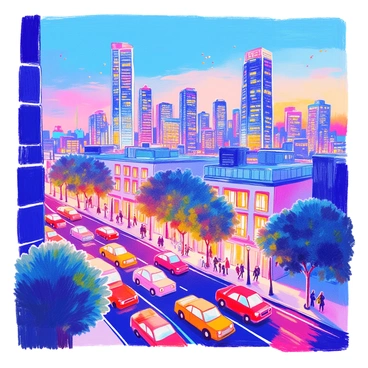 A bustling city skyline is visible at dusk, with tall skyscrapers illuminated by numerous lights. The sky features a gradient of deep blue transitioning to soft orange and purple hues. Reflected in the glass windows of the buildings are the warm colors of the sunset. Below, busy streets are filled with cars, and pedestrians are walking on the sidewalks. The scene showcases a variety of architectural designs, from sleek modern structures to classic buildings. In the foreground, trees line the streets, adding greenery to the urban landscape.