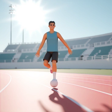 A person, wearing a blue athletic tank top and black shorts, is performing calf raises on a running track. The individual stands on the balls of their feet, with their arms extended for balance. Bright stadium lights illuminate the scene, casting strong shadows on the track surface. The track features a vibrant red surface with white lane markings. In the background, there are empty bleachers visible, creating a sense of an open, athletic environment.