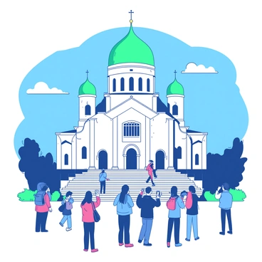 A majestic Helsinki Cathedral stands tall against a blue sky, showcasing its grand white façade and green dome. In front of the cathedral, a group of people is taking photos, capturing the beauty of the structure. Some individuals are posing in front of the stairs, while others are engaged in capturing images of the cathedral with their smartphones. The atmosphere is lively as visitors admire the architecture and interact with each other, creating a sense of movement and activity around the iconic landmark.