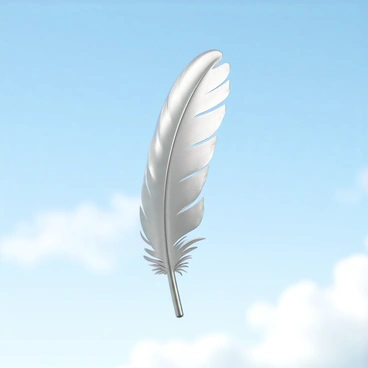 A single metallic feather with a shiny silver surface, reflecting light from different angles. The feather has intricate details, including delicate barbs and a pointed tip. It is floating gently in the air, positioned in the center of the image, against a clear blue sky. The background features soft, wispy clouds that enhance the sense of depth and tranquility. The overall scene conveys a feeling of lightness and grace.