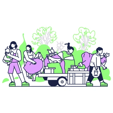 A village community is gathered in the foreground, packing their belongings into woven baskets and large sacks. Some villagers are seen carrying bundles of clothes and household items, while others are loading their possessions onto a cart pulled by an ox. In the background, trees are being cut down, exposing stumps and fallen branches, indicating recent deforestation. A woman is seen comforting a child next to a stack of goods, while a man secures a wooden crate filled with tools. The expressions on their faces reflect a mix of determination and sadness as they prepare to leave their homes.