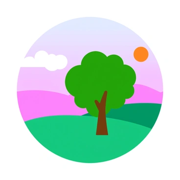 A single tree with a slender trunk and a rounded canopy stands prominently on a gently rolling green hill. The hill has smooth contours and is covered in soft grass. Above the tree, a pastel sky stretches out, featuring hues of light pink, soft blue, and lavender blending seamlessly. The sun is low on the horizon, casting a warm glow on the scene. The tree's leaves are a vibrant green, providing a striking contrast against the soft colors of the sky.