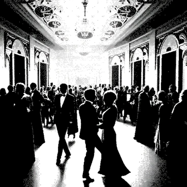 An elegant ballroom is filled with intricate details such as ornate chandeliers hanging from the ceiling. The floor is polished and reflects light, creating a lively atmosphere. Disco lights are casting dynamic patterns throughout the room, illuminating the space. Groups of people are dancing, each adorned in formal attire, including tuxedos and evening gowns. Their movements capture joy and celebration as they twirl and sway to the rhythm of the music. The walls are decorated with lavish drapery, adding to the opulence of the setting.