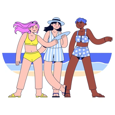A group of three models wearing colorful beachwear. The first model has on a vibrant yellow bikini, her hair blowing in the ocean breeze. The second model is dressed in a light blue one-piece swimsuit, decorated with white stripes, and holding a wide-brimmed sun hat. The third model is wearing a patterned beach cover-up that flutters in the wind. In the background, gentle waves of the ocean can be seen, contrasting with the sandy beach under a clear sky.