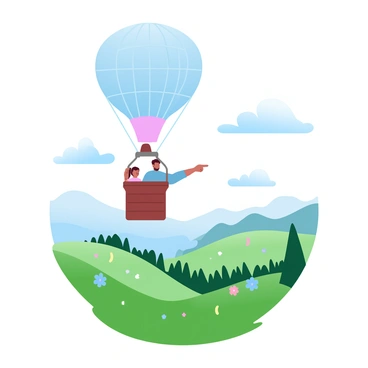 A family is in a hot air balloon, floating above a scenic landscape. The hot air balloon has a colorful, patterned fabric with a large, round shape. Below, there are rolling hills covered in vibrant green grass, dotted with clusters of trees. In the distance, there are mountains with gentle slopes under a clear blue sky. The family members are positioned close together, with one adult holding the basket's edge, while another is pointing out a feature in the landscape. Colorful patches of wildflowers can be seen scattered throughout the grassy hills.