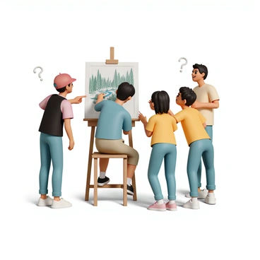 A young person, wearing a light blue t-shirt and khaki shorts, is seated at a wooden easel, sketching a forest landscape. The player has short, dark hair and is focused on their drawing, which features tall, green trees, a winding path, and a tranquil stream. Around them, a group of teammates stands, with a mix of expressions of curiosity and excitement, as they try to guess what is being drawn. One teammate, wearing a red cap and black tank top, leans in closer, while another, in a yellow shirt and blue jeans, points at the easel with a cheerful smile. The scene is lively and engaging, filled with the atmosphere of creativity and teamwork.