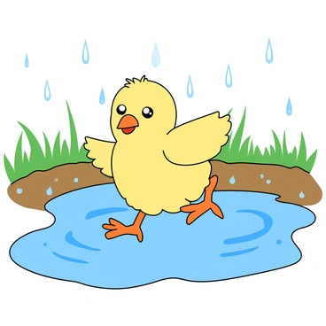 A little chick hopping through puddles during a light rain shower
