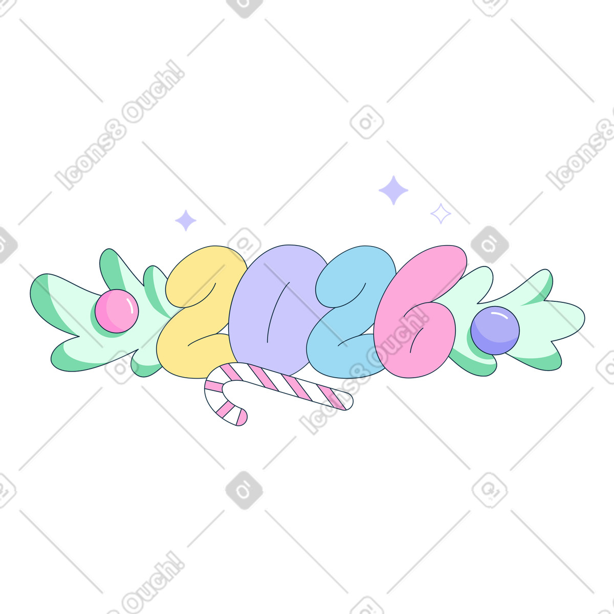 下载 Bubble gum 风格的 编号 2026，带有杉树枝 插画，支持 PNG、SVG 格式