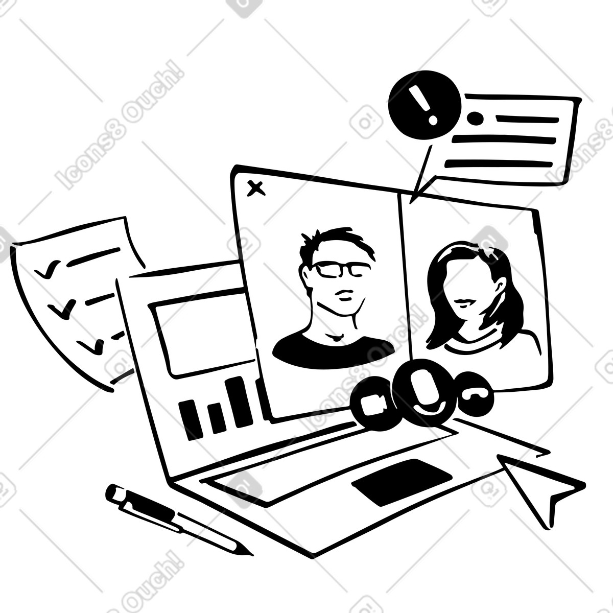 Remote work and video call with colleagues illustration in Line style download in PNG, SVG