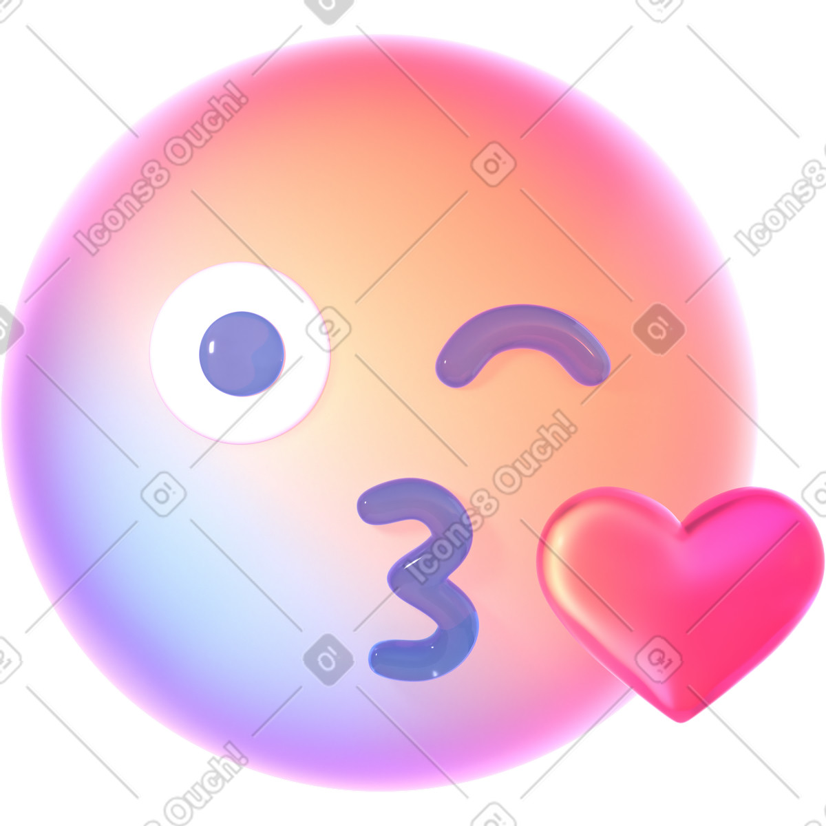 3D Glassy 스타일의 Face blowing a kiss 애니메이션 일러스트레이션 GIF, Lottie(JSON), AE로 다운로드