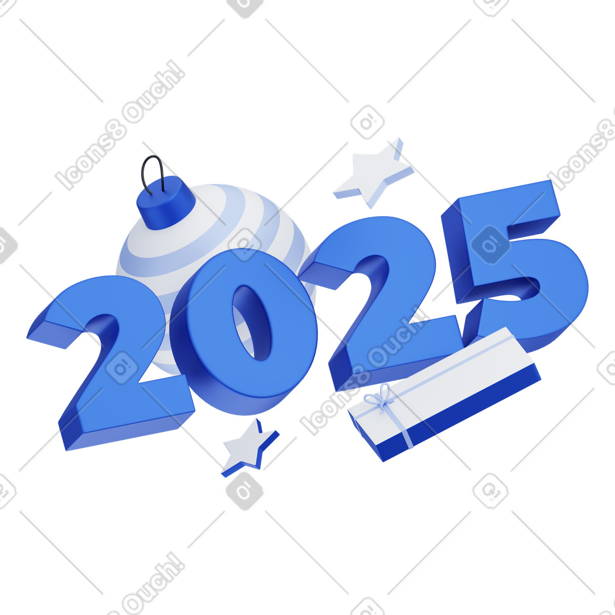 Ilustração animada de Ano 2025 com uma bugiganga e um presente em no estilo 3D Techny para baixar em GIF, Lottie (JSON), AE