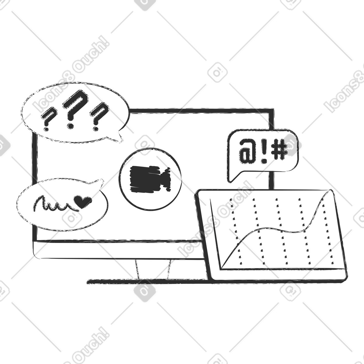 Video call with speech bubbles and trend chart, Business meeting online collaboration-Illustration im Graphite-Stil als Download in PNG, SVG