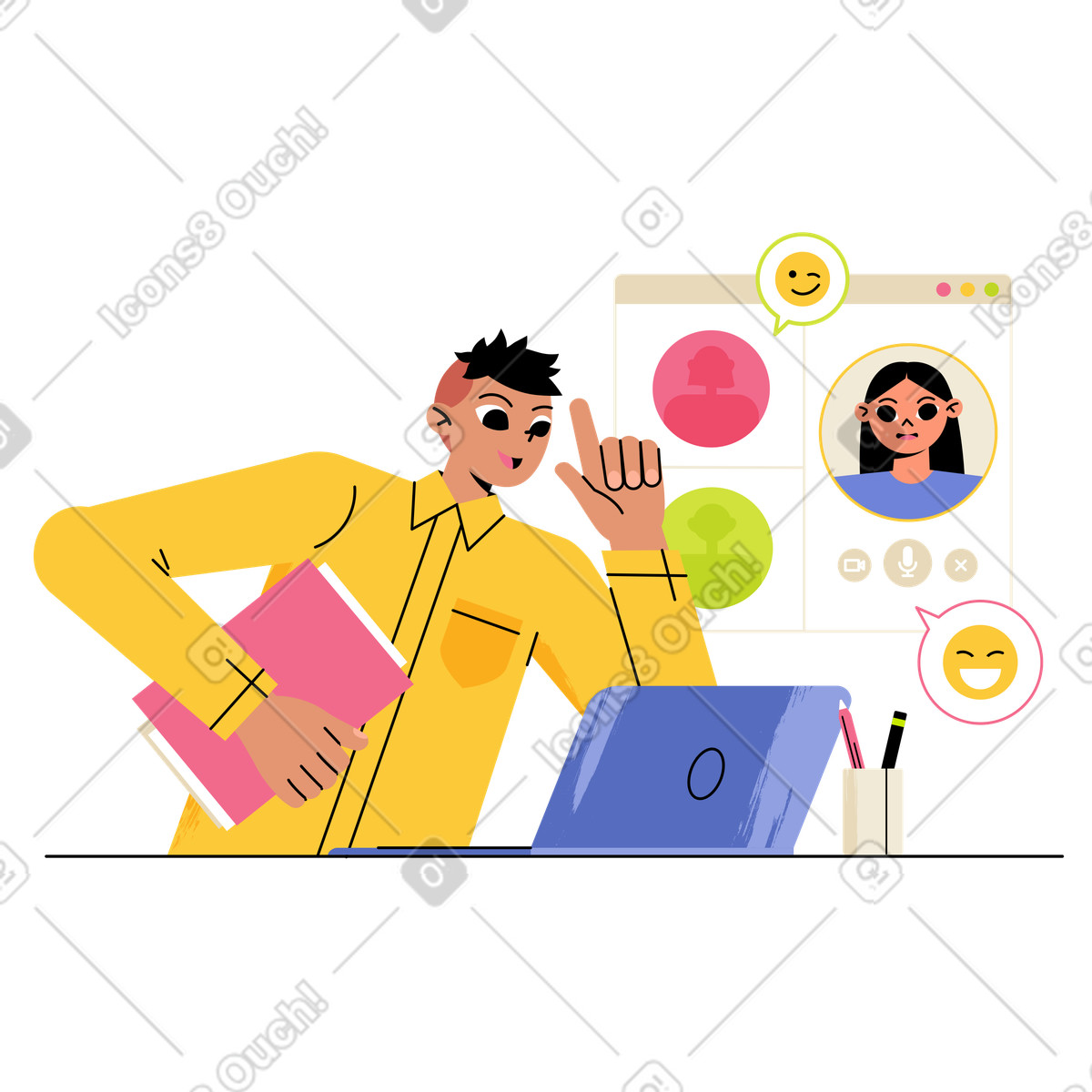 Illustration Homme lors d'un appel vidéo avec des collègues dans le style Juicy à télécharger aux formats PNG, SVG