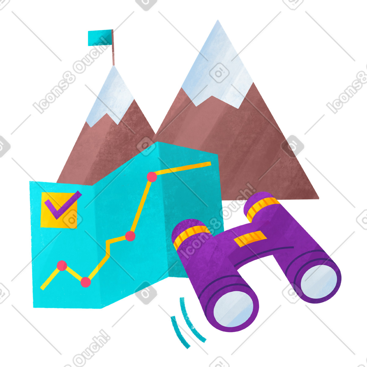 Hiking in the mountains with a route on the map to reach the top illustration in PNG, SVG