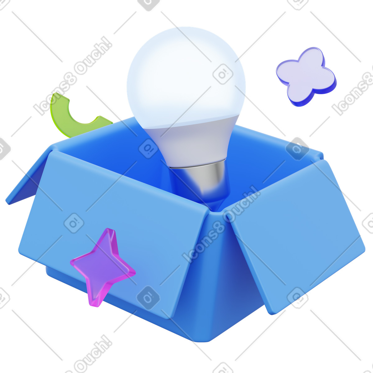 Ilustração de Lightbulb emerging from box representing new idea and creative thinking em no estilo 3D Playful para baixar em PNG, SVG