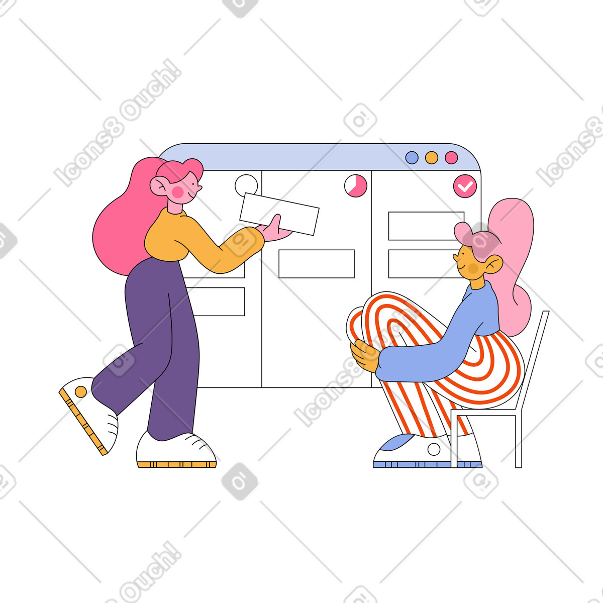 Girls place the cards on Kanban board illustration in Bloom style download in PNG, SVG