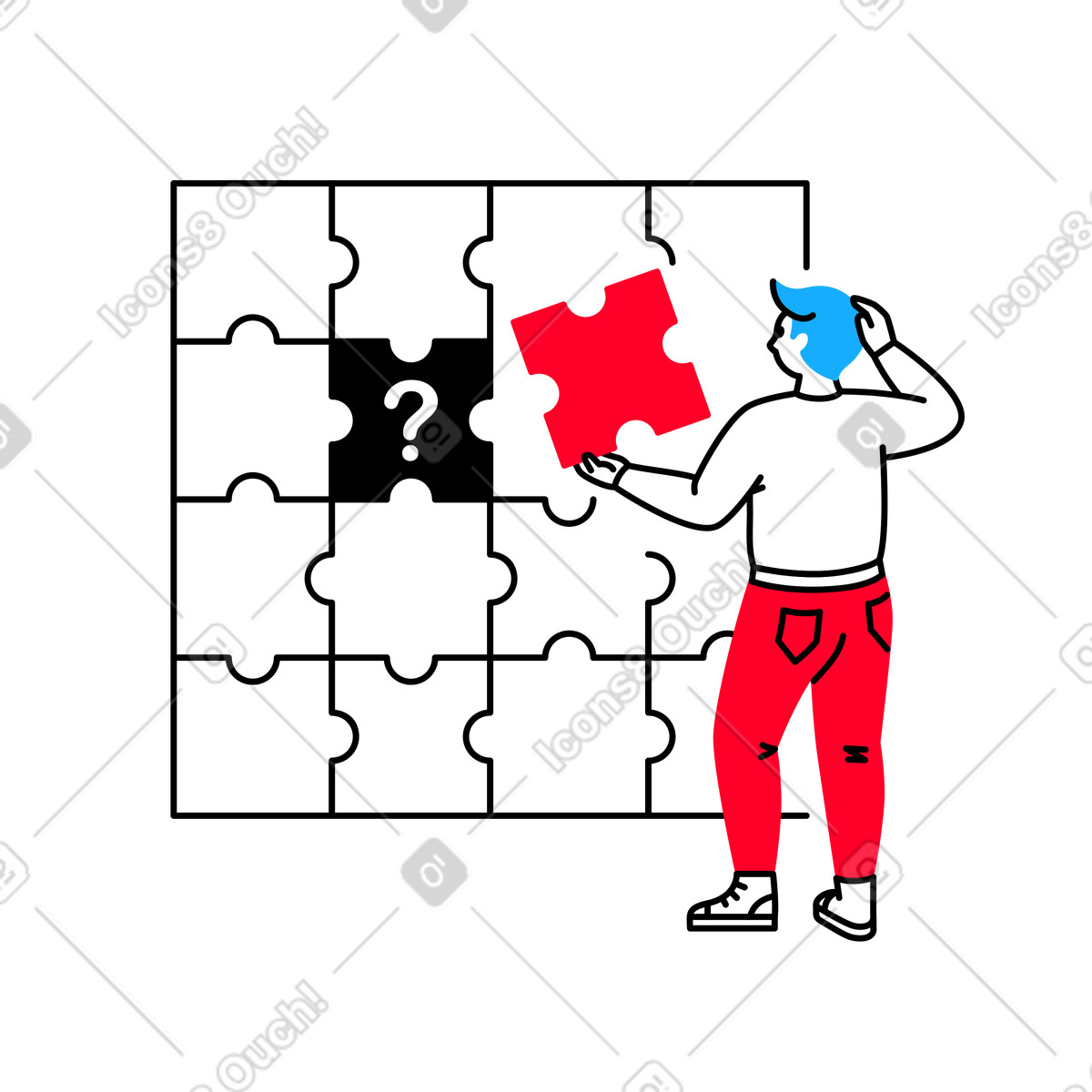 Illustration L'homme brandit la dernière pièce du puzzle et se gratte tête pensivement dans le style Transistor à télécharger aux formats PNG, SVG