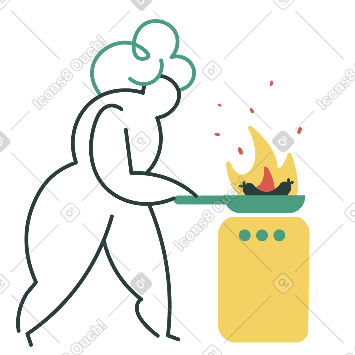 Frau ließ abendessen auf dem herd anbrennen-Illustration im Macaroni-Stil als Download in PNG, SVG