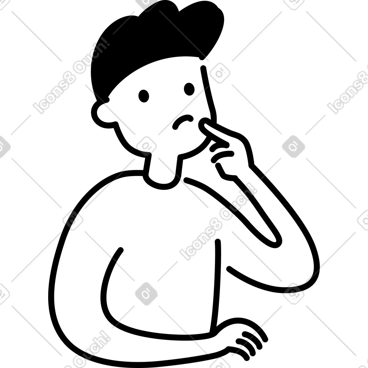 Thinking character touching face with questioning expression and gesture illustration in Notion Line Art style download in PNG, SVG