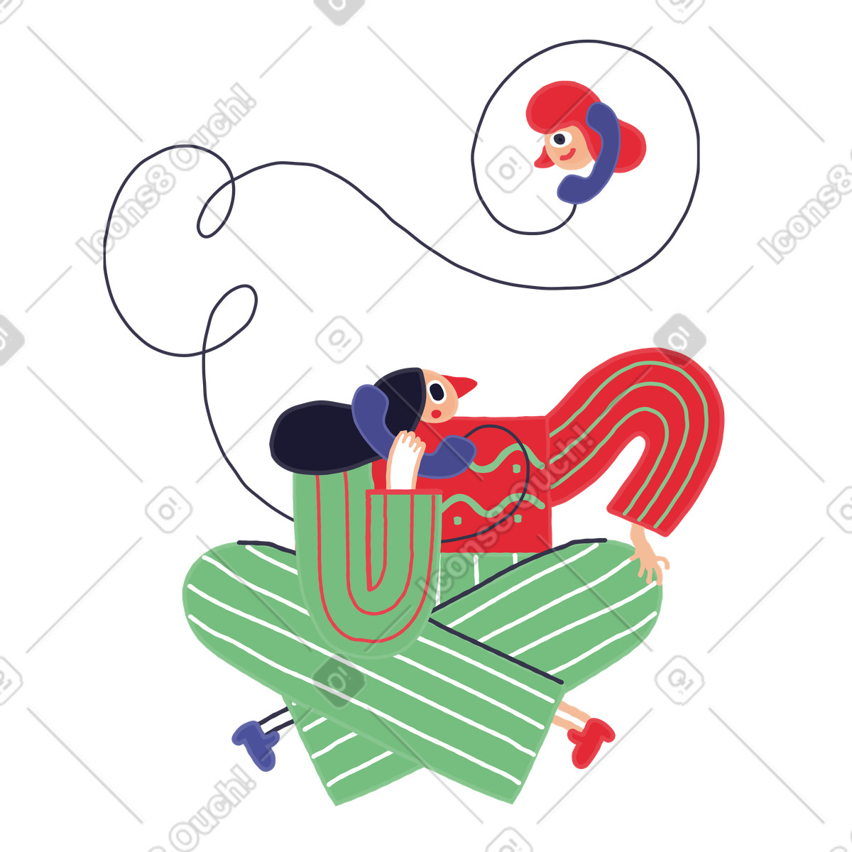 Girl sitting on the floor and talking to a friend phone illustration in Stripy style download in PNG, SVG