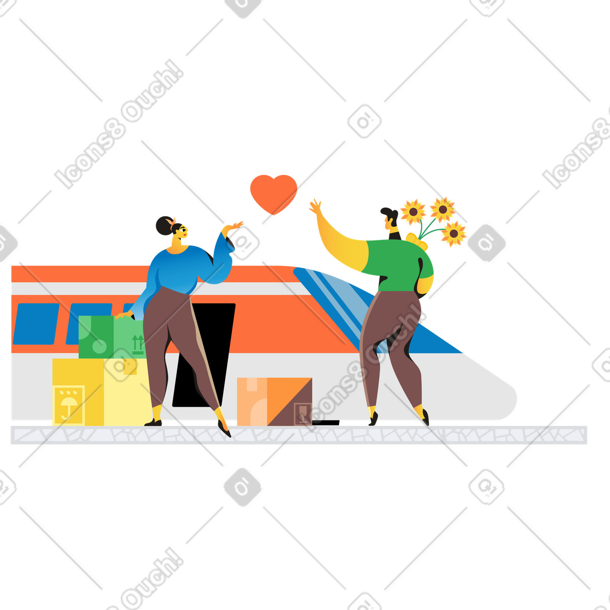 Ilustración Hombre con flores encontrándose una mujer en estación de tren estilo Jaconda a descargar PNG y SVG