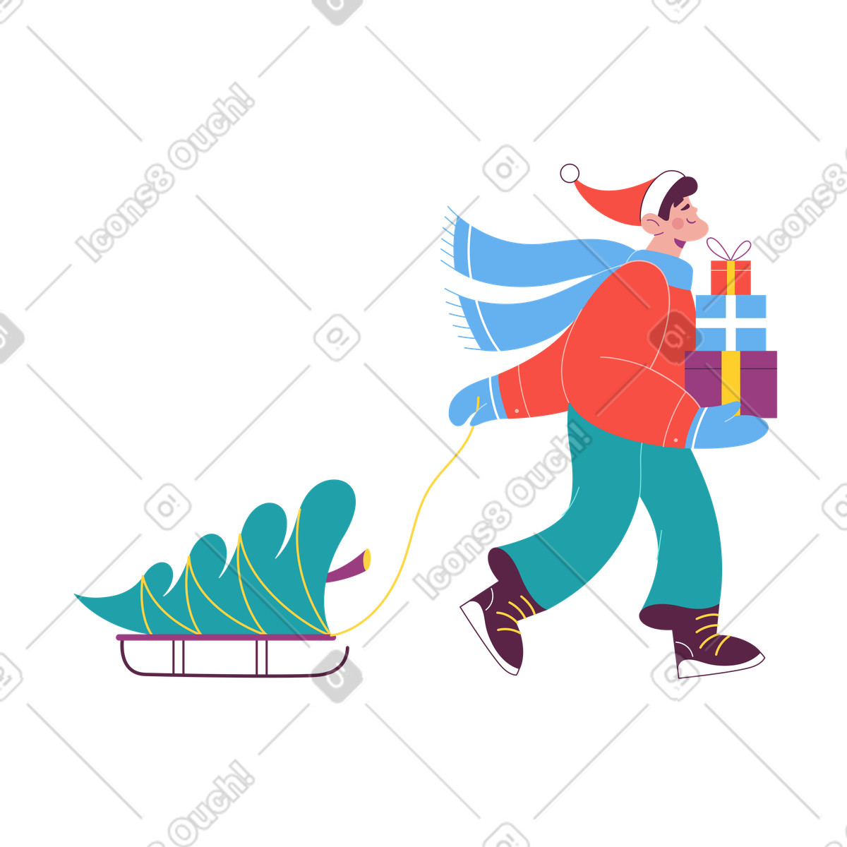 Man carrying a christmas tree animated illustration in Sammy style download in GIF, Lottie (JSON), AE
